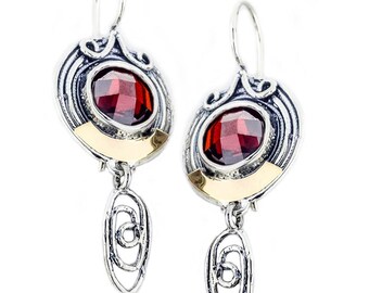 Silver and Gold Earrings, Red CZ Earrings, Sterling Silver Earrings, Silver Jewelry