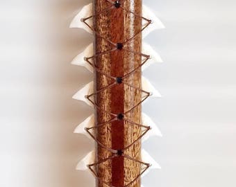 5ft Curly Mango and Mahogany Wood Spear with Shark Teeth & Feathers - Leiomano Hawaiian Collectible