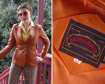 CARAMEL 1960's 70's Vintage Brown Leather Blazer Jacket with Wide Lapels // by CASABLANCA // size Small 34