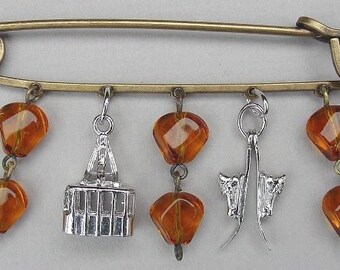 Kilt or Scarf Pin, Mixed Metals, Vintage Sterling Ski Charms