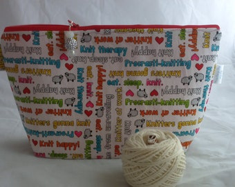 Knitting words wedge bag, knitting bag,knitters gift bag, project bag