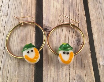 Gold Hoop Earrings with Glass Smiley Face Accent Beads on 14kt Gold Filled Ear Wires 1.75" Long 1" Wide OOAK Previously 25 Dollars ON SALE