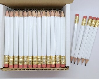 144 White Mini short half Hexagon Golf #2 Pencils With erasers Pre-Sharpened Made In the USA - Non Toxic Latex Free Express Pencils TM