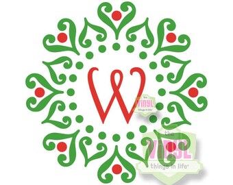 Monogrammed Christmas decal, Wreath monogram decal, Holiday monogram decal, Christmas monogram sticker, Winter monogram, Wreath sticker