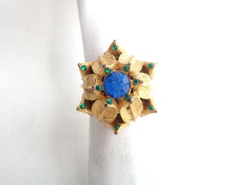 High Mount Blue and Green Rhinestone & Gold Leaf Setting Vintage Ring - Adjustable Band - Estate Jewelry