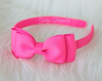 Neon Pink Bow Headband. Girls Bow Headband. Bow on Plastic Headband. School Headband. Preppy Headband. Bow Headband. Toddler Headband.