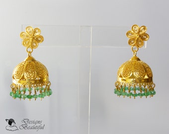 22k Gold Vermeil Filigree Domes with Emeralds Hanging from 22k Gold Vermeil Filigree Flower Posts, 1.5 inches