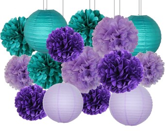 16pcs Mermaid Party Decoration Teal Lavender Purple Tissue Paper Pom Poms Paper Lanterns Honeycomb Balls Wedding Baby Shower Decoration