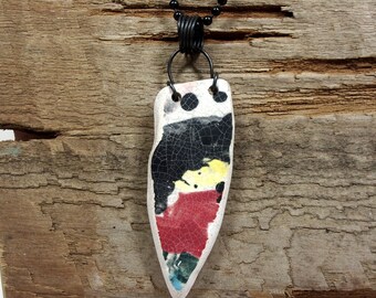 PENDANT NECKLACE, One of a Kind Handmade from a Tumbled Pottery Shard, Blackened Steel Wire Wrapped, Black Ball Chain with Closure