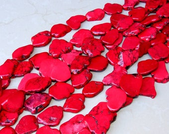 Red Magnesite Slab Stone Beads - Bright Red with Black Veining - Magnesite Slab Strand - Full Strand - 25mm x 35+mm
