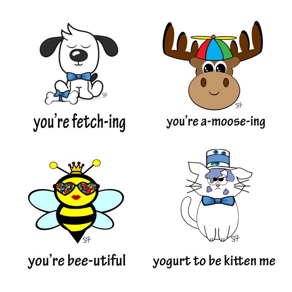 FOUR STYLES Animal Pun Compliment Cards and