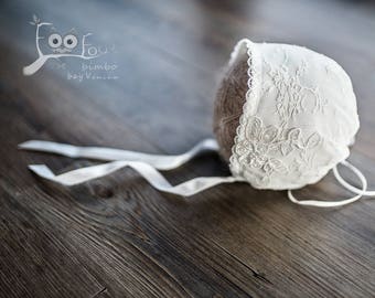 baby christening bonnet in ivory with lace - ivory baby girl bonnet - cotton lace baby girl bonnet for baptism