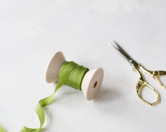 Olive Green Hand-Dyed Silk Ribbon (with Wooden Spool) - 5 yards - 1/4" wide