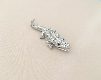 Alligator Brooch.Alligator Rhinestone Brooch.Crystal Brooch.Alligator Pin.Silver Alligator Brooch.Broach.Crocodile Brooch.animal.wedding