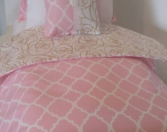 18" Doll Bedding Set, Pink and Gold Roses Doll Bedding, Made to Fit 18" Dolls Such as The American Girl Dolls