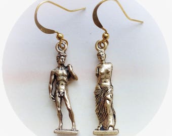 David and Venus de Milo Art earrings in silver pewter or gold plated, (leave qty as 1 to receive one pair)