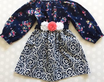 Navy Floral and Lace Girl's Dress - Spring Dress - Long Sleeve Dress - Baby Girl Dress - Girls Dresses - Spring Dresses - Baby Girl Dress
