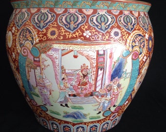 Chinese Fish Bowl Planter Flower Pot Palace Scene Family Rose