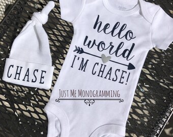 Hello World Newborn Outfit with Handmade Knot Hat , Personalized Bodysuit, Baby Shower Gift, Take Home Outfit, Hello World