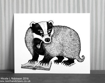 Badger Art Print, Badger Illustration, Pen and Ink Badger, Black and White Print, Father's Day, Badger Gift, Woodland Animals, Badger Decor