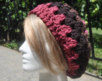 Retro Granny Square Hat - Brown and Pink Crocheted Beret - Women's Hat - Pink and brown Hat