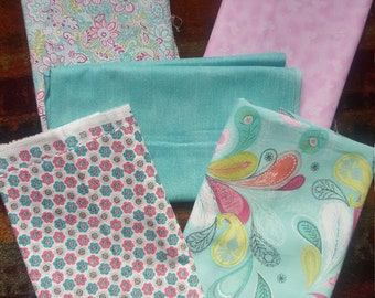 Bundle of 5, 7/8 of a yard cuts in soft pink and turquoise tones
