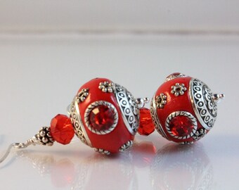 Red Kashmiri Bead, Crystal, and Sterling Silver Earrings
