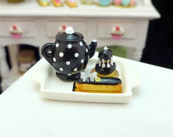 MTO-Tea Tray Set with French Pastries - Liquorice Black - 12th Scale Miniature Food