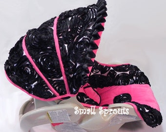 Custom 3D Rosette Black on White with Hot Pink Minky Infant Car Seat Cover 5 Piece Set