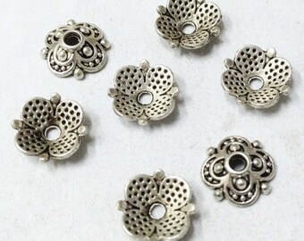 Silver Bead Caps -50pcs Antique Silver Flower End Cap Charms 8mm Tibetan AA101-1