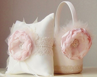 SALE 25% OFF - Flower Girl Basket, Vintage Wedding, Blush Flower Girl Basket, Blush Wedding Basket, Flower Girl Gift, Lace Basket