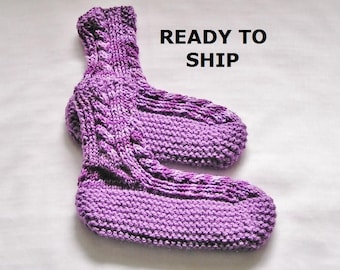 Violet Womens Slippers Bedsocks, Hand Knitted Pretty Purples, Ladies Size 8 - 8.5