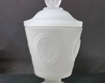 Frosted Fenton lidded, pedestal Eagle top, Presidents dish