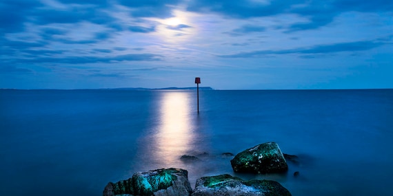 MOONLIGHT AT MUDEFORD. Seascape Print, Dorset Picture, Mudeford Spit, Sea at Night, photographic Print