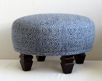 TUFFET in blue ikat, upholstered Stool/ottoman/tuffet/bench/seating furniture