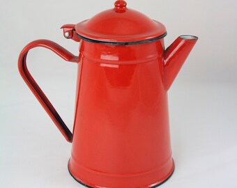 Vintage Red Teapot, Enamel Teapot, Enamelled Red Teapot