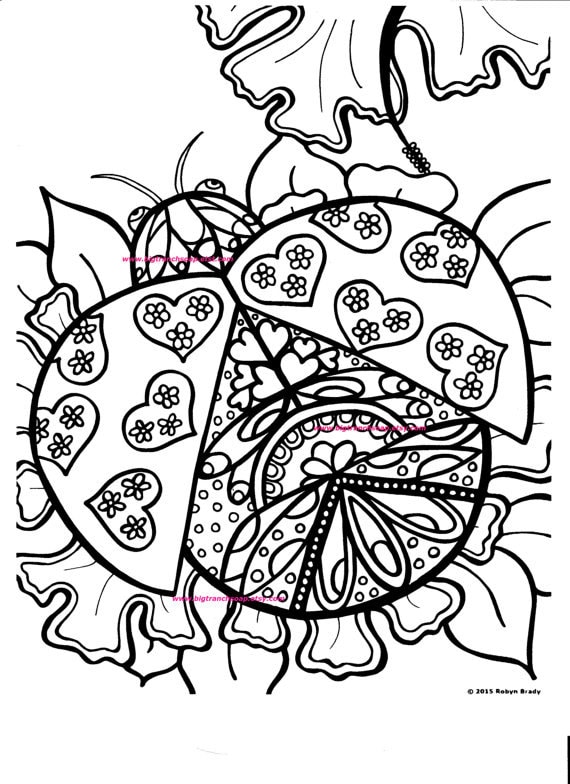 Adult Coloring Page Ladybug Hand Drawn Image Digital