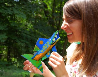 Painted Recycled Wood Ready to Hang Whimsical Fish Art - Painted Orange, Blue, Green, Colorful Wall Decor