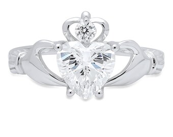 Claddagh Ring, Gold Claddagh Ring,Promise Ring Claddagh, 1.55 ct Heart Cut Irish Celtic Claddagh Promise Ring in Solid 14k White Gold