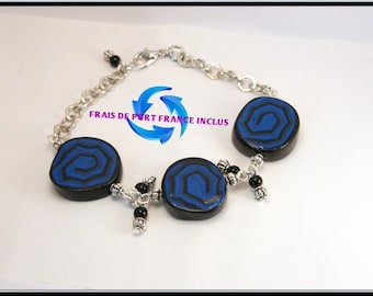 Bracelet spiral cane polymer clay and black glass bead