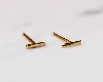 Solid 10K Tiny Gold Line Studs, Square Bar Studs, 10k Rose Gold, 10k Yellow Gold, Straight Studs, 5 mm, Stick Earring, Real Gold