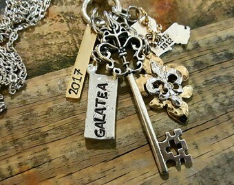 Statement Necklace- gold and silver charms, key, fleur de lis, wedding gift, Christmas gift