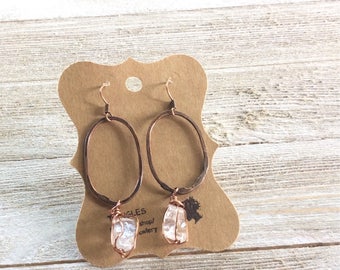 Quartz Crystal Oval Earrings, Copper Oval Earrings