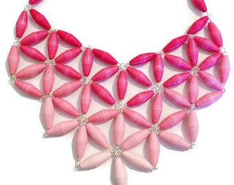 Paper Bead Jewelry, Paper Bead Ombre Bib Necklace, Pink Ombre Paper Bead Bib, Ombre Paper Bead Bib, Statement Necklace, Paperbead Jewelry