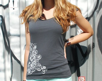 SALE - Medium - Womens tops - silkscreen womens tshirt - gray shirt - deco design, womens graphic tee shirt
