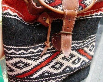 Vintage Moroccan kilim backpack / Unique design Kilim / Handmade Backpack/ Embroidered carpet and leather