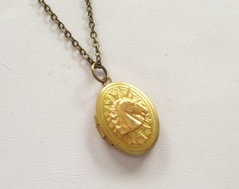 Brass Unicorn Locket Necklace, Art Deco Locket, Small Brass Oval Locket, Unicorn Jewelry, Unicorn Necklace, Gold or Antiqued Brass Chain