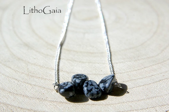Snowflake Obsidian Bar necklace, Silver 925 necklace, Snowflake Obsidian Gemstone, birthstone, jewelry Minimalist, Zodiac
