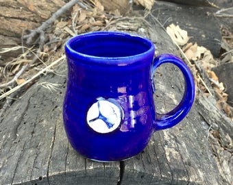 Cobalt Blue Ginkgo Tea Cup, Small Mug, Pottery Handmade by Daisy Friesen
