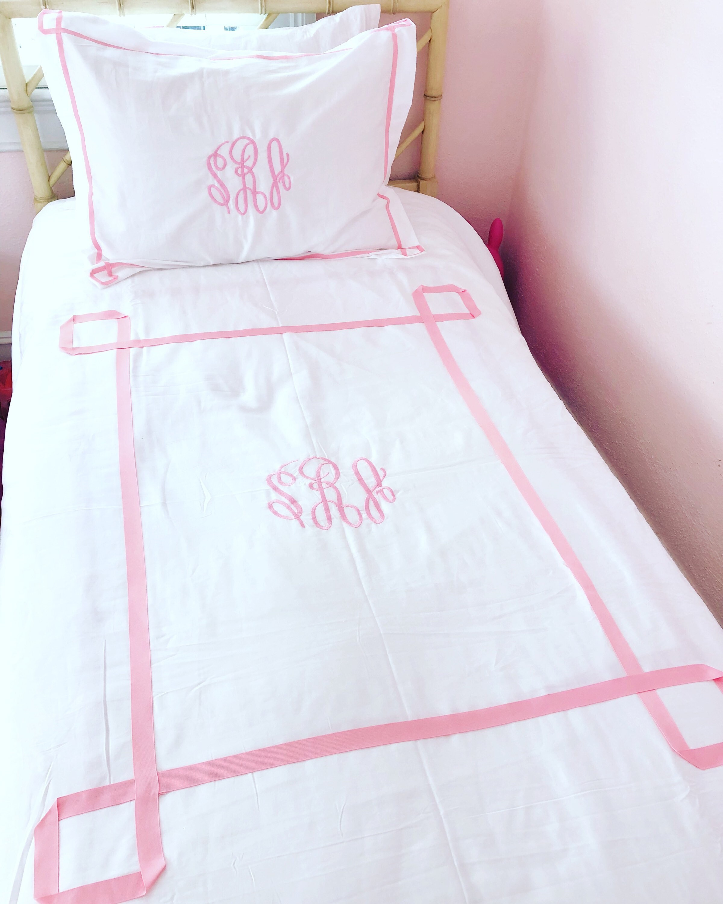 Monogram Twin Duvet with Ribbon Trestle Trim / Monogram Bedding